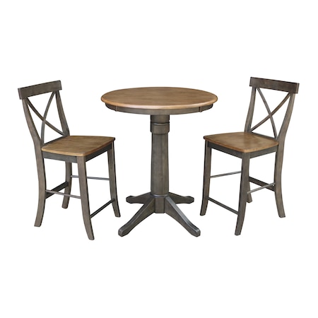 International Concepts Round 30 in Rd Ped Gathering Ht Table, 2 X-Back Counter Ht Stools, Hickory/Coal, 30 W, 30 L, Wood K45-30RT-27B-S6132-2
